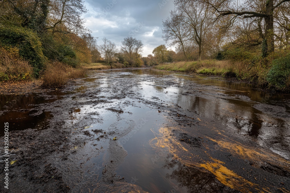 Polluted river with visible oil stains reflecting trees and cloudy sky Polluted river with visible oil stains reflecting trees and cloudy sky