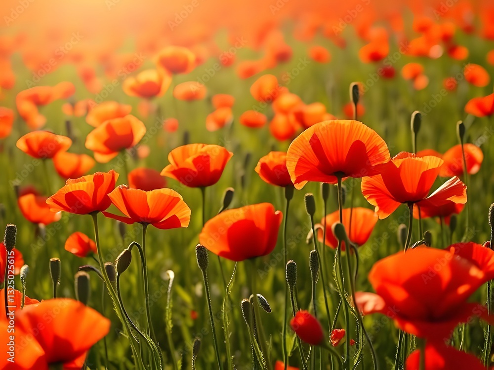 Fototapeta premium Stunning Field of Red Poppy Flowers in Sunlight, Nature's Beauty, Floral Landscape.