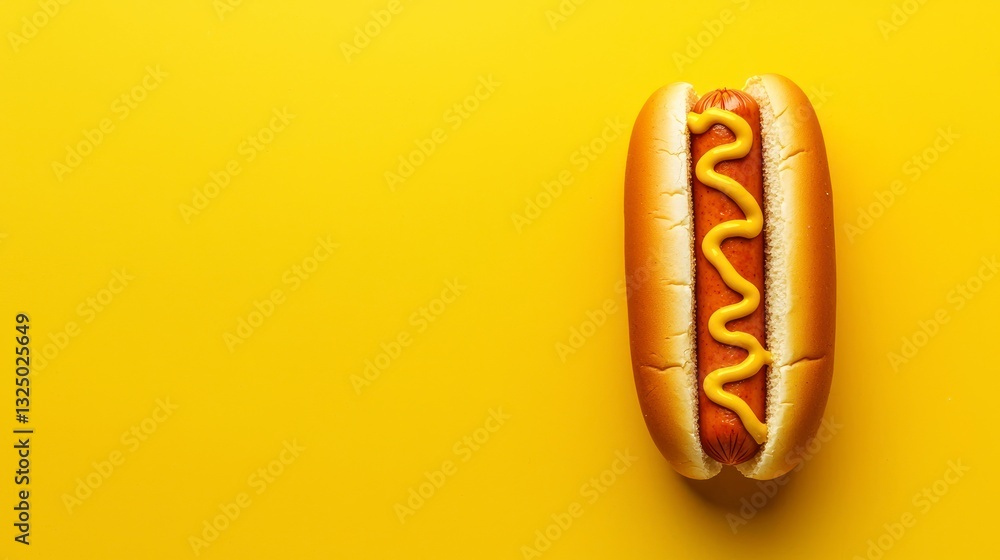Top view of a hot dog with mustard on a bright yellow background Top view of a hot dog with mustard on a bright yellow background
