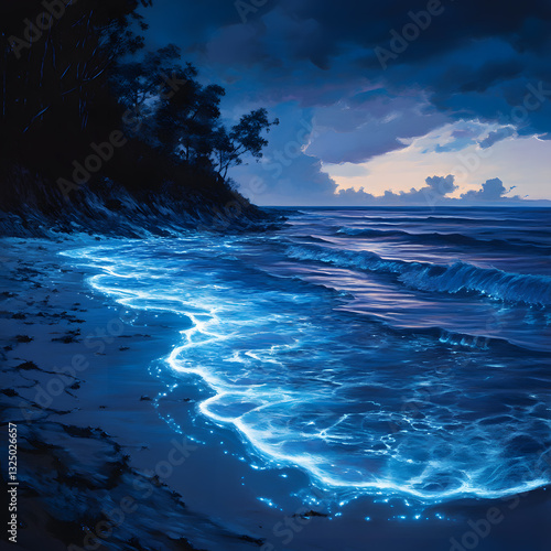 A beach at dusk with bioluminescent waves glow