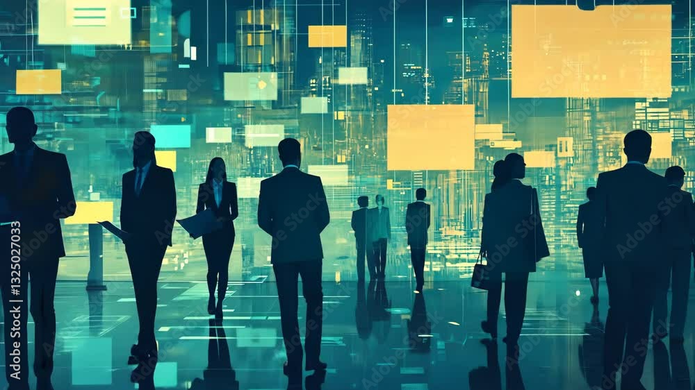 Futuristic business silhouettes analyzing digital data in a virtual cityscape Futuristic business silhouettes analyzing digital data in a virtual cityscape