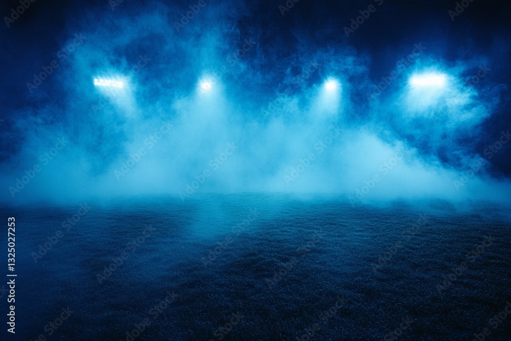 Obraz premium Mysterious blue-lit field shrouded in fog, creating an eerie yet captivating atmosphere. Perfect for fantasy or suspense themes.