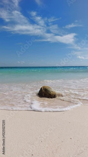 4K vertical video of a coconut on a sandy tropical beach with gentle waves crashing on the shore. In the background the turquoise Caribbean Sea and blue sky. Eco-friendly travel and vacation concept