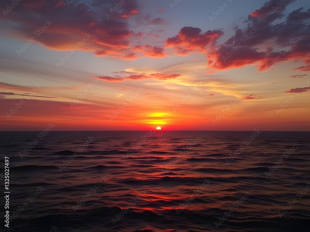 Vibrant Sunset Over Calm Ocean Waters, Orange, Red and Purple Sky, Serene Coastal Landscape, Nature Photography. Vibrant Sunset Over Calm Ocean Waters, Orange, Red and Purple Sky, Serene Coastal Landscape, Nature Photography.