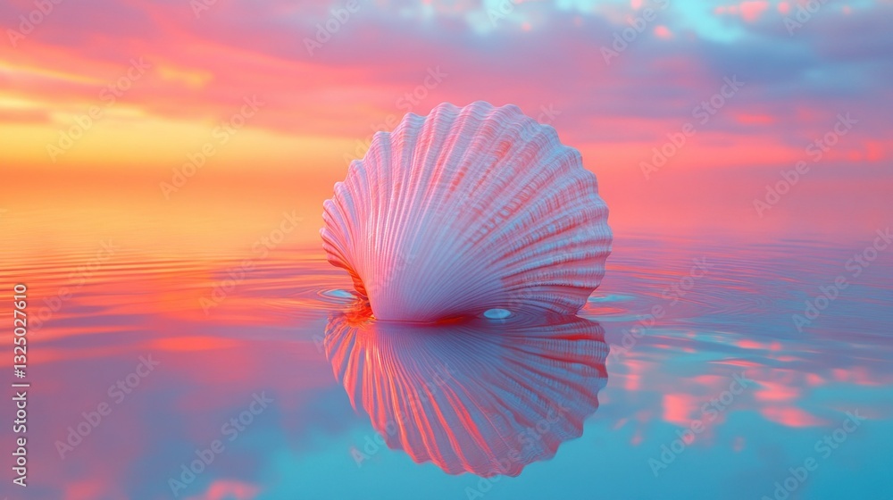 Seashell floats on sunset water Seashell floats on sunset water