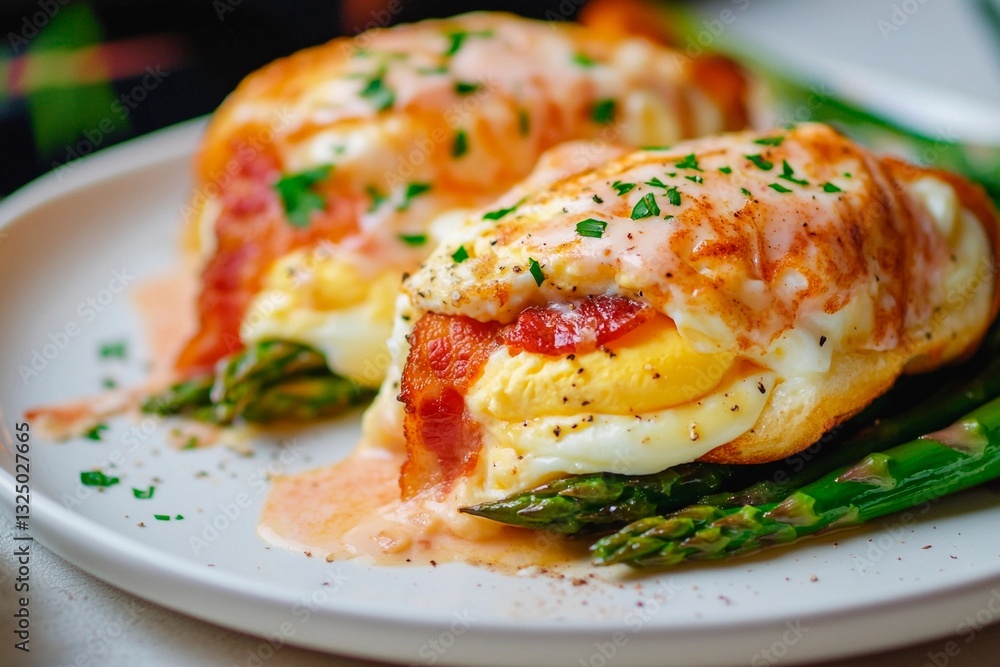 Brunch showcases poached eggs nestled on a bed of tender asparagus, drizzled with a creamy sauce and garnished with herbs, all served on a clean white plate Brunch showcases poached eggs nestled on a bed of tender asparagus, drizzled with a creamy sauce and garnished with herbs, all served on a clean white plate