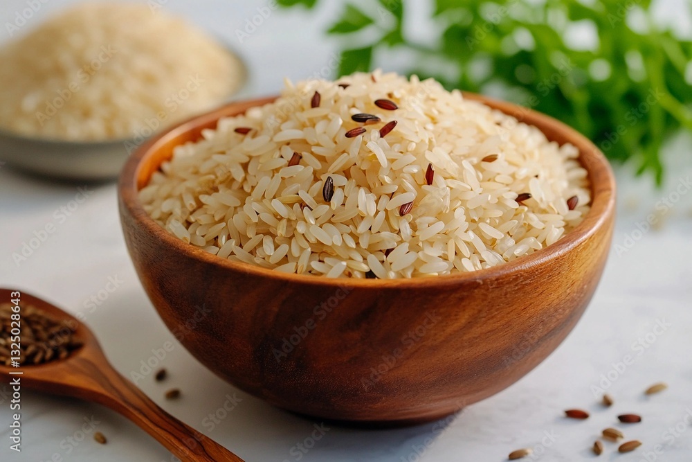 A wooden bowl holds an abundant serving of cooked white rice, topped with seeds. Fresh green herbs are visible in the background, enhancing the dish's appeal A wooden bowl holds an abundant serving of cooked white rice, topped with seeds. Fresh green herbs are visible in the background, enhancing the dish's appeal