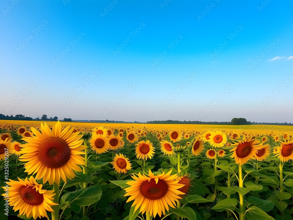 Obraz premium Vibrant Sunflower Field Under Clear Blue Sky - Nature Scenery, Summer Bloom, Agriculture Background, Yellow Flowers