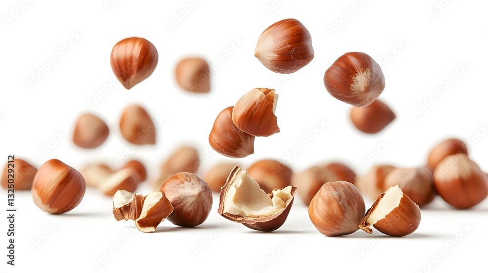 Falling hazelnuts whole and pieces on a white Falling hazelnuts whole and pieces on a white