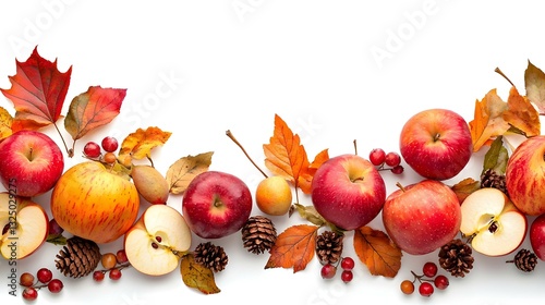 Fototapeta Naklejka Na Ścianę i Meble -  Autumn border of apples leaves and fall decor