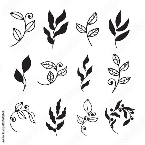 Set of hand drawn organic minimalist silhouette summer and spring branches with leaves. Simple flower logo design element. Elegant floral twig decoration. Botanical simple. Plant icon set