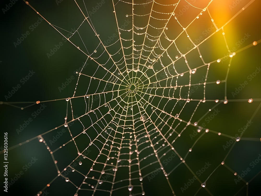 Obraz premium Delicate Dew-Kissed Spiderweb Illuminated by Sunlight, Nature's Architecture, Close-Up Macro Photography.