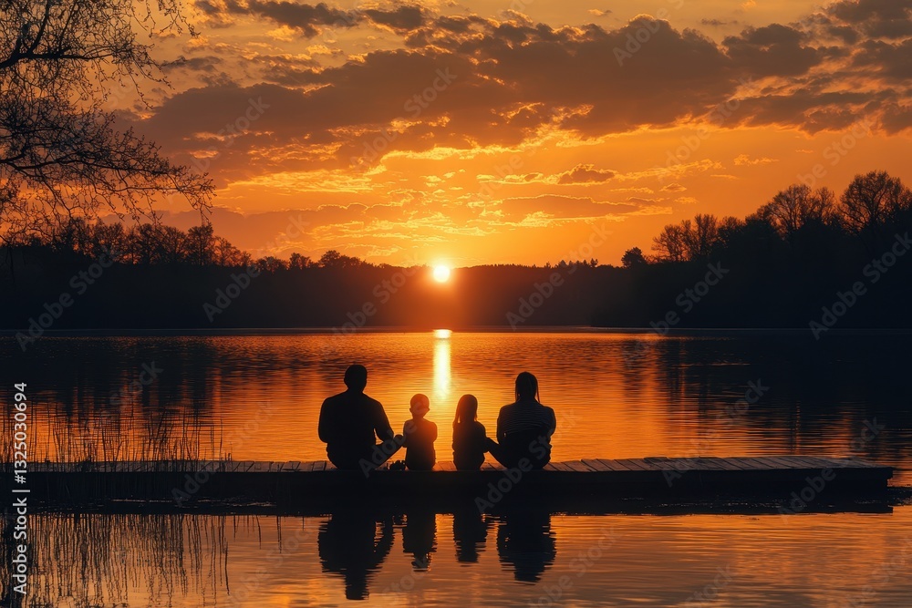 Family enjoys sunset together while standing on a dock by the lake, with silhouettes against the colorful sky, creating a peaceful evening atmosphere Family enjoys sunset together while standing on a dock by the lake, with silhouettes against the colorful sky, creating a peaceful evening atmosphere