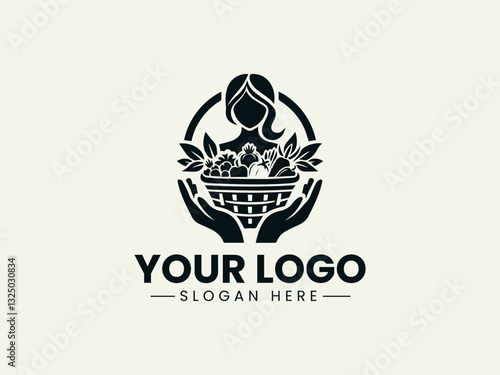 Woman with Vegetable Basket Vector Logo Illustration, Female Farmer Illustration Logo