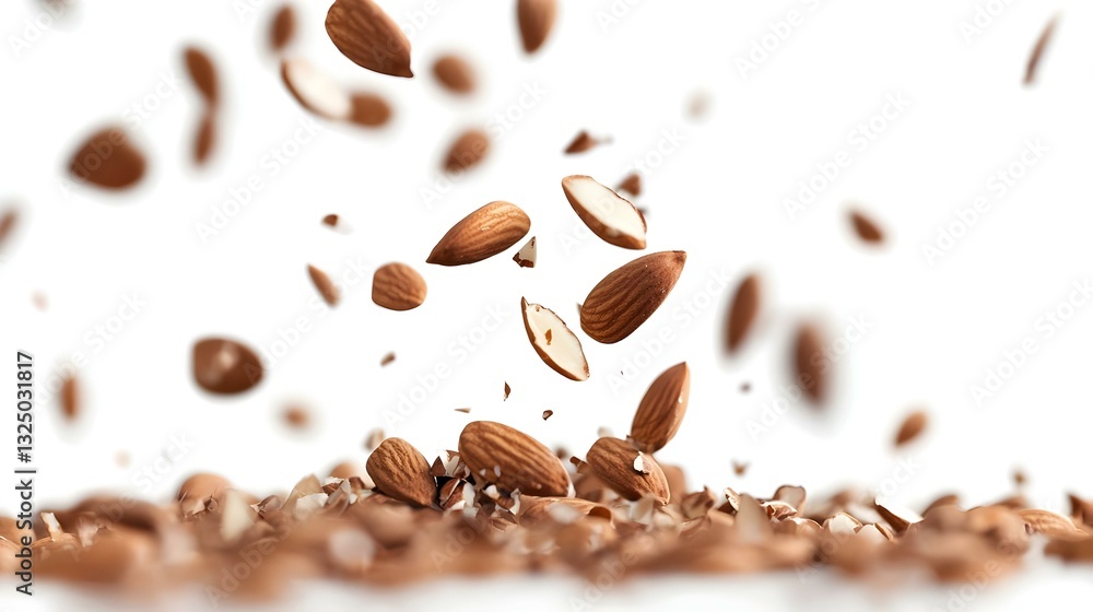 Obraz premium Shelled almonds falling freely vertically