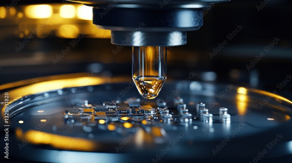 Precision liquid dispensing onto microchip.