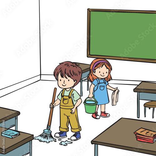 Hand-drawn illustration of two children cleaning a classroom, symbolizing teamwork and responsibility. Perfect for children’s activity books, educational worksheets, and school-related content.