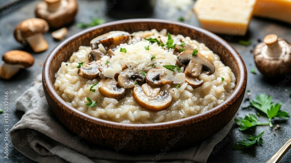 Creamy mushroom risotto in wooden bowl Creamy mushroom risotto in wooden bowl