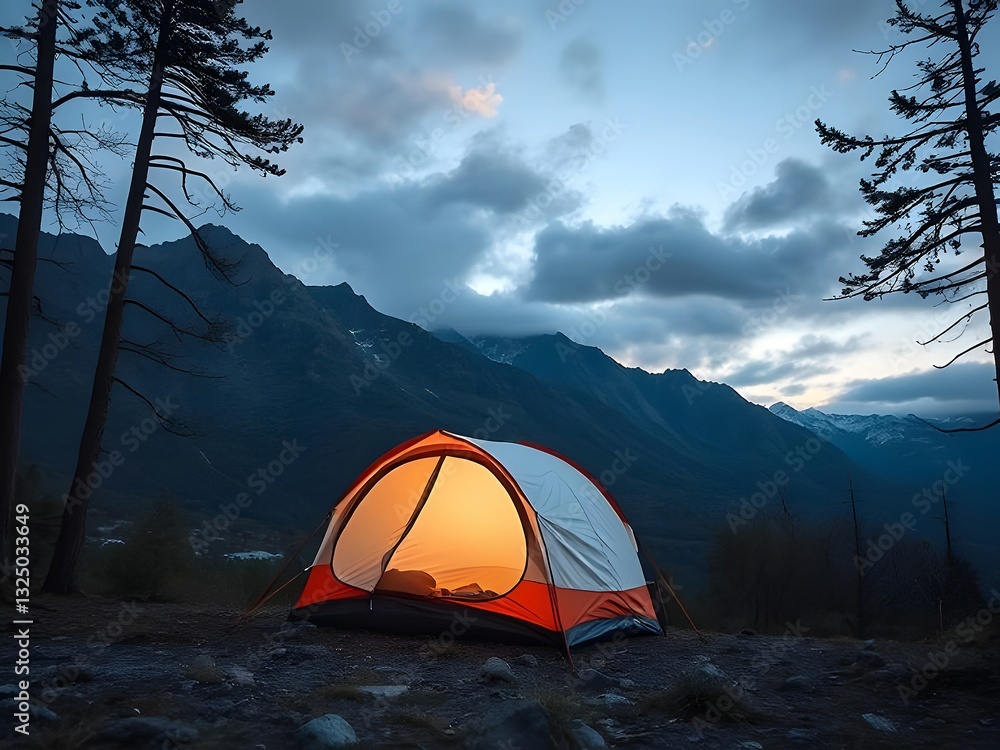 Scenic Camping Tent at Dusk with Mountain View, Outdoor Adventure, Travel, Nature Photography. Scenic Camping Tent at Dusk with Mountain View, Outdoor Adventure, Travel, Nature Photography.