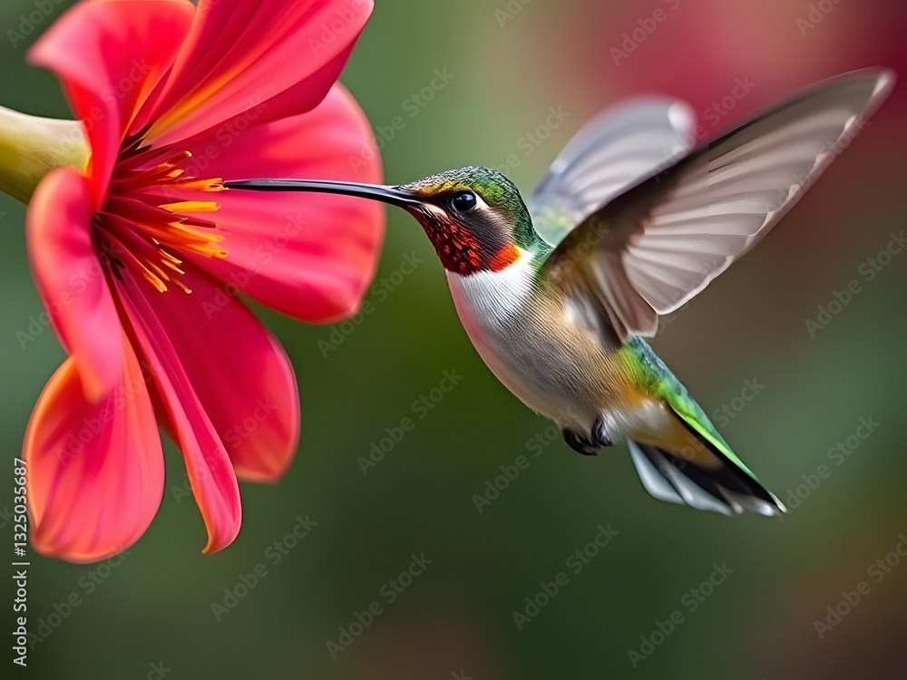 Fototapeta premium Hummingbird hovering near a red dahlia flower, wings blurred, feeding, close-up, wildlife, nature, avian.
