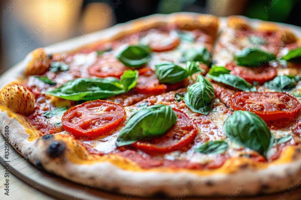 An appetizing close-up of a freshly baked Margherita pizza with vibrant basil leaves and juicy tomato slices on a crispy crust, ready to be served. An appetizing close-up of a freshly baked Margherita pizza with vibrant basil leaves and juicy tomato slices on a crispy crust, ready to be served.