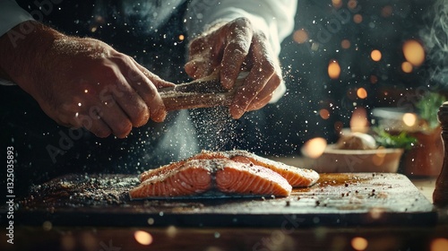 Chef seasoning salmon fillets on wooden board.