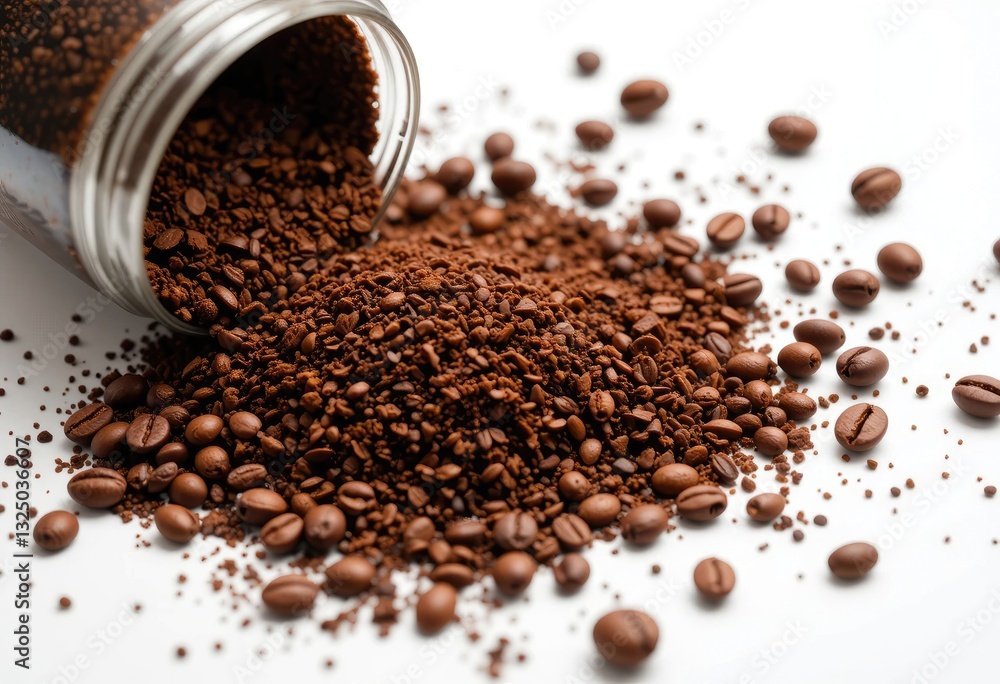 Pouring Instant Coffee Granules and Roasted Beans From a Glass Jar Pouring Instant Coffee Granules and Roasted Beans From a Glass Jar