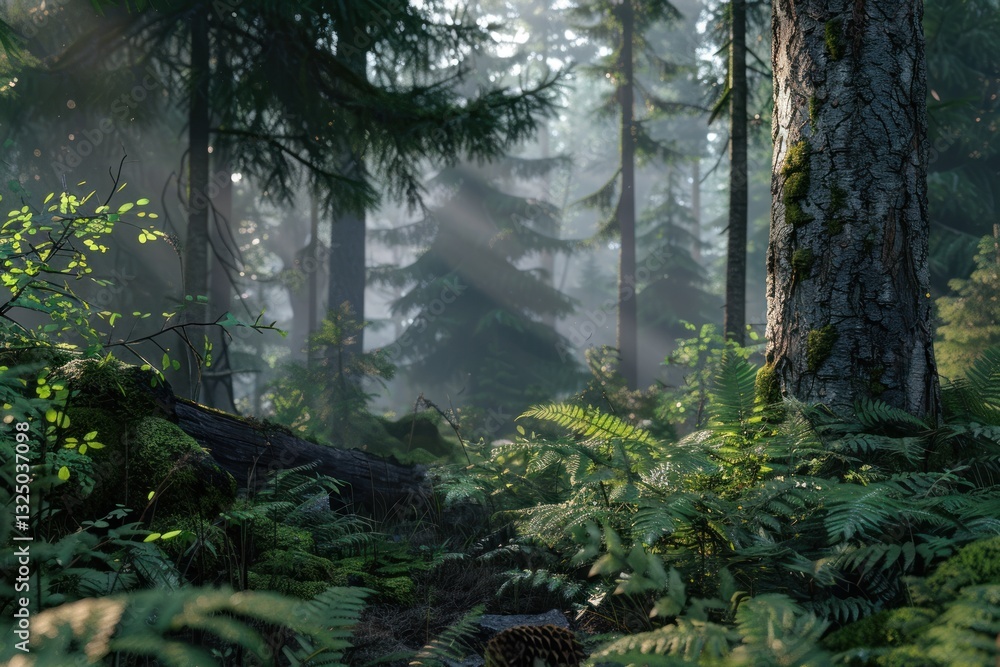 Fototapeta premium Enchanting Forest Scene with Sunlight Filtering Through Trees and Lush Greenery