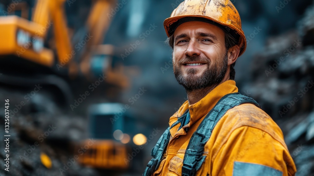 Mining Engineer Smiling, Construction Site, Focus on Worker Mining Engineer Smiling, Construction Site, Focus on Worker