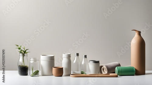 Wallpaper Mural A serene arrangement neutral-toned bathroom containers, plants, rolled towel a white surface against a light gray background. Torontodigital.ca