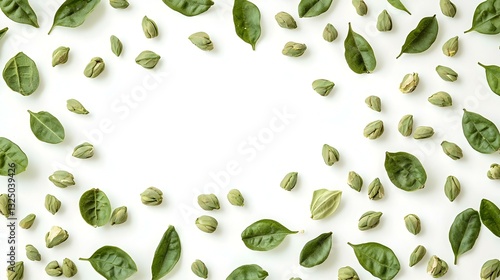 Fresh Green Cardamom Pods and Leaves Isolated on White Background