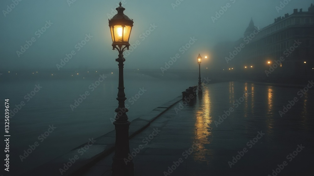 Obraz premium Misty Night, Foggy Riverfront Lampposts