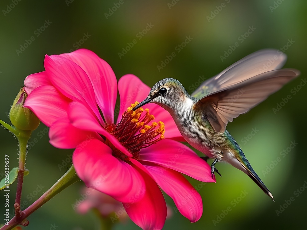Fototapeta premium Hummingbird Hovering Over a Pink Dahlia Flower, Close-up Nature Photography.