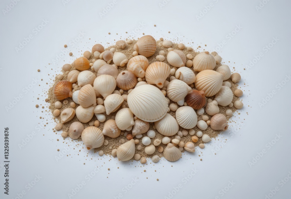 Seashells and Sand Still Life with Neutral Tones on White Background Seashells and Sand Still Life with Neutral Tones on White Background
