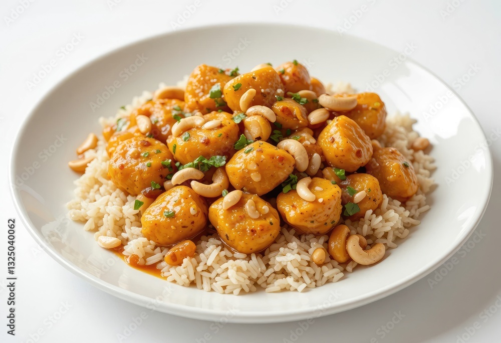 Serving of Orange Glazed Chicken Meatballs with Rice and Cashews Serving of Orange Glazed Chicken Meatballs with Rice and Cashews