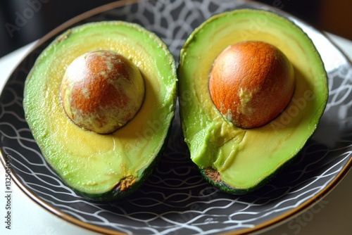 Two avocado halves with seeds on a patterned plate, showcasing their vibrant green flesh and creamy texture, ideal for healthy eating and culinary creations. photo