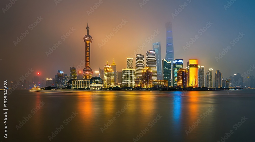 Obraz premium Night cityscape, illuminated skyscrapers reflecting on calm water.