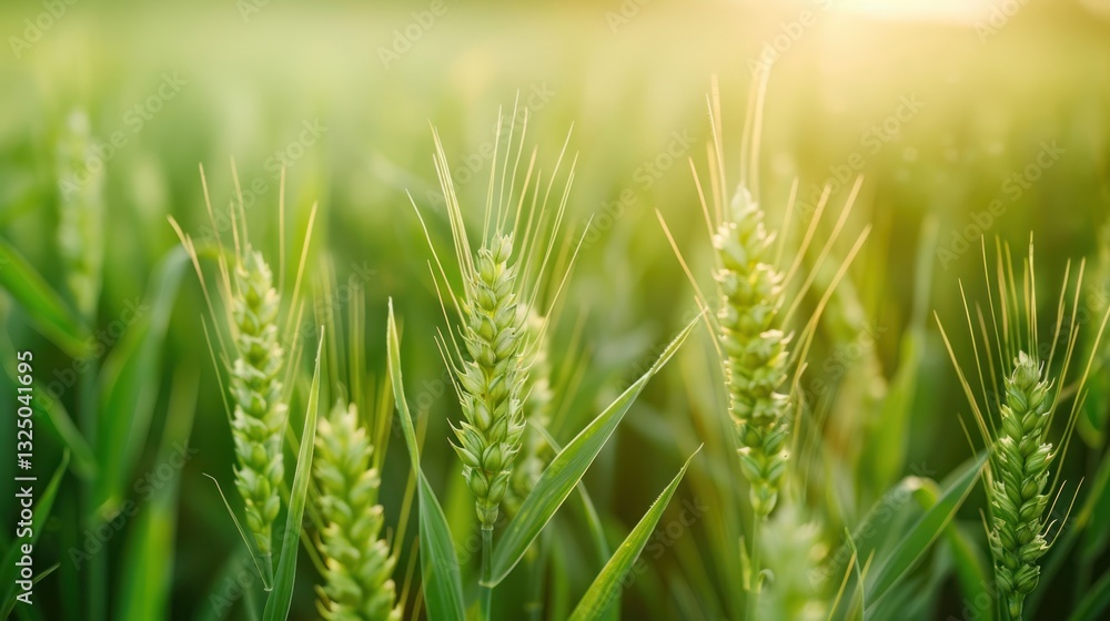 Fresh agriculture view of green wheat ears on nature field landscape. AI generated image Fresh agriculture view of green wheat ears on nature field landscape. AI generated image