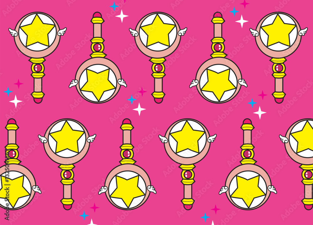 Anime design cetro stick sakura card captor colors form seamless pattern set. vector design for paper, cover, fabric, interior decoration and other users.