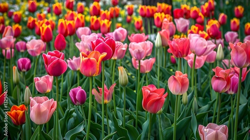 Colorful tulip field with vibrant blooming flowers