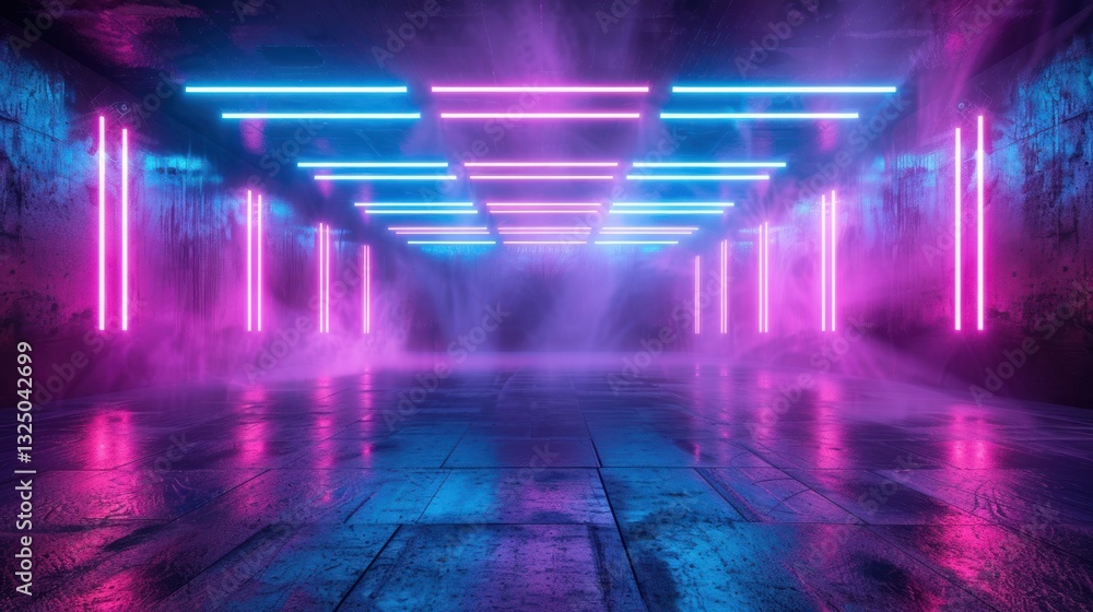 Neon Lights Tunnel with Fog and Reflections Neon Lights Tunnel with Fog and Reflections