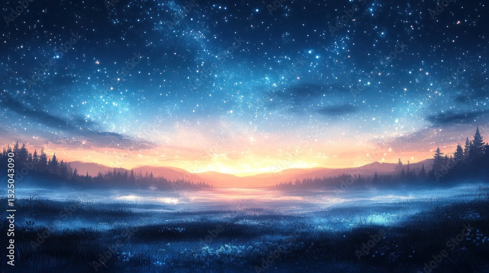 Misty meadow sunrise under starry night sky, ideal for fantasy backgrounds Misty meadow sunrise under starry night sky, ideal for fantasy backgrounds