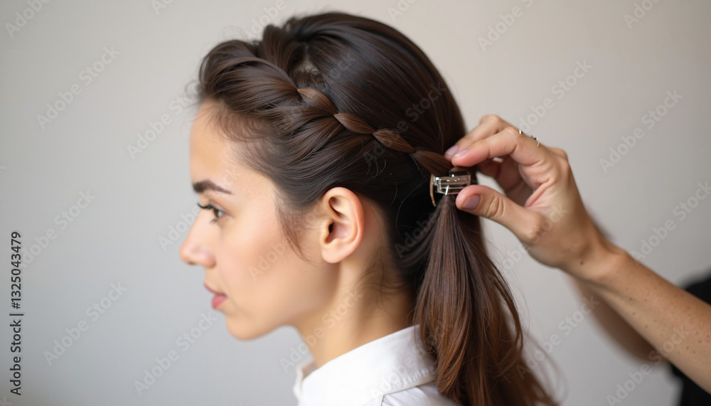 Woman styling hair with braid against neutral background Woman styling hair with braid against neutral background