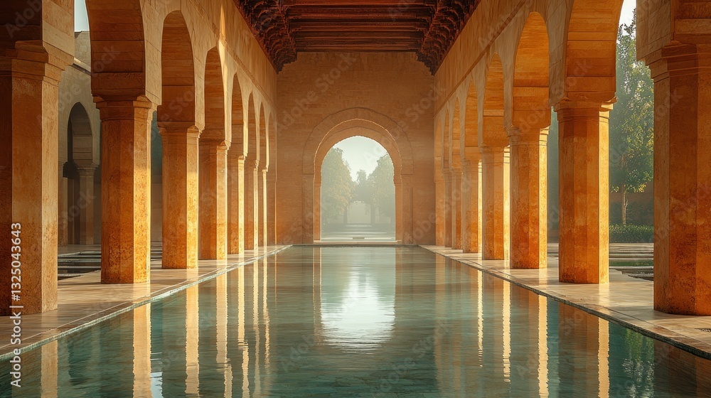 Fototapeta premium Misty morning reflection in arched walkway of historical Moorish palace