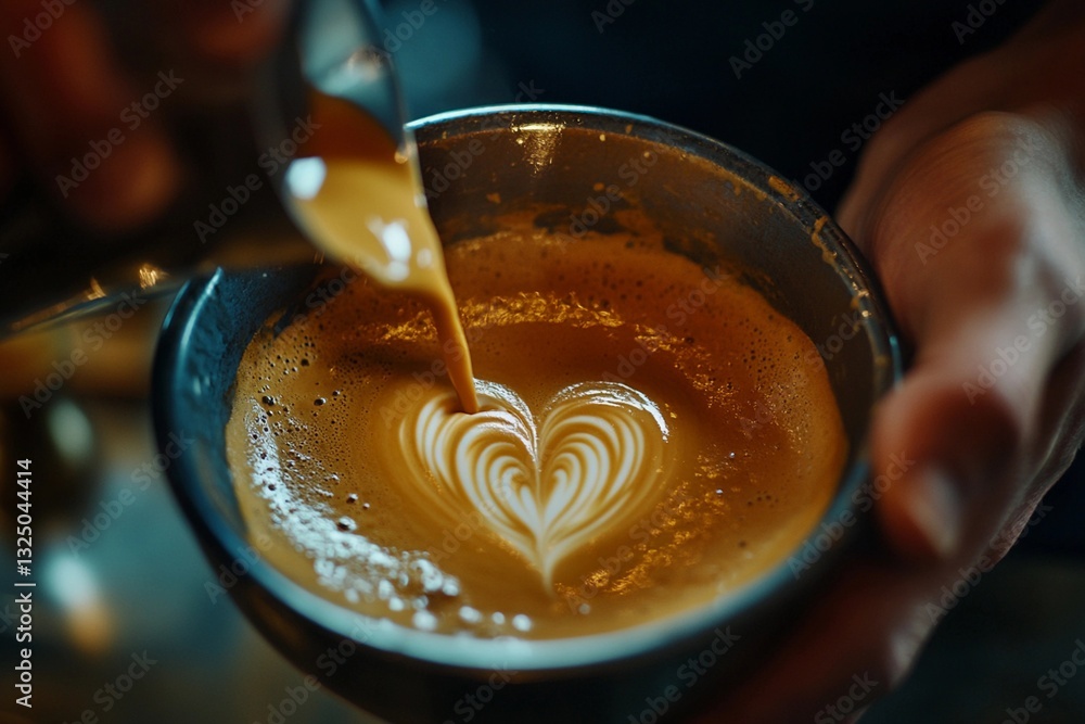 Close-up of a barista's hands pouring milk Close-up of a barista's hands pouring milk