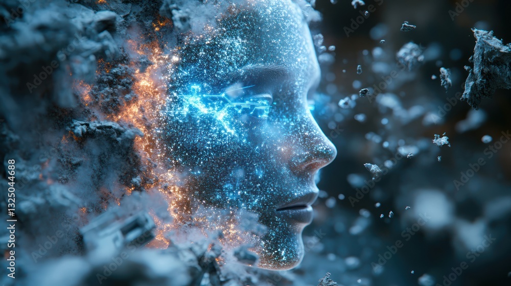 A futuristic AI head made of holographic particles, emerging from a cracked digital screen A futuristic AI head made of holographic particles, emerging from a cracked digital screen