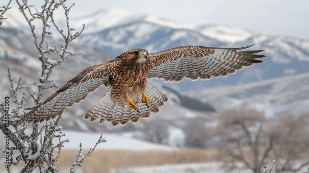 Obraz premium Winter Hawk Soaring Over Snowy Mountains