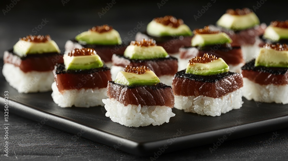 Appetizing tuna sushi topped with avocado and caviar. Appetizing tuna sushi topped with avocado and caviar.
