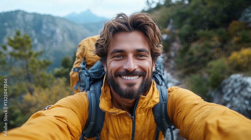 Adventurous Man Self Portrait in Mountain Landscape Adventurous Man Self Portrait in Mountain Landscape