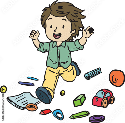 a joyful young boy playing among scattered toys and art supplies. A lively and energetic child enjoying free play, promoting creativity and imagination. Perfect for children’s activity books